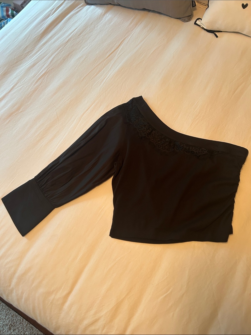 Anthropologie Black One-Shoulder Lace-Trim Crop Top
